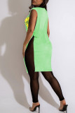 Green Sexy Print Tassel Split Joint Slit V Neck Straight Dresses