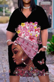 Light Pink Casual Print Patchwork V Neck Straight Dresses