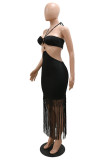 Khaki Sexy Solid Tassel Bandage Hollowed Out Backless Halter Strapless Dress Dresses
