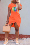 White Fashion Casual Lips Printed Patchwork O Neck Short Sleeve Dress Dresses