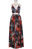 Red Sexy Print Slit Spaghetti Strap Sleeveless Two Pieces