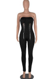 Red Sexy Solid Patchwork Chains Strapless Regular Jumpsuits