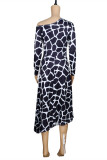 Black And White Fashion Sexy Print Basic Oblique Collar Long Sleeve Dresses