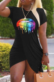 White Fashion Casual Lips Printed Patchwork O Neck Short Sleeve Dress Dresses