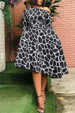 Black And White Fashion Sexy Print Basic Oblique Collar Long Sleeve Dresses