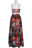 Red Sexy Print Slit Spaghetti Strap Sleeveless Two Pieces