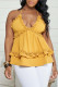 Yellow Casual Sweet Solid Patchwork Fold Stringy Selvedge Spaghetti Strap Tops