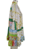 Colour Fashion Print Patchwork V Neck Cake Skirt Dresses