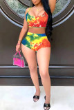 Colour Sexy Casual Print Tie Dye Backless Spaghetti Strap Sleeveless Two Pieces