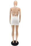 White Sexy Casual Solid Bandage Backless Halter Sleeveless Two Pieces