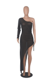 Black Sexy Solid Mesh One Shoulder Pencil Skirt Dresses