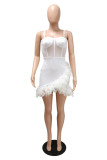 White Sexy Solid Patchwork See-through Backless Spaghetti Strap Sleeveless Dress