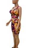 Blue Sexy Print Patchwork Square Collar Sleeveless Two Pieces