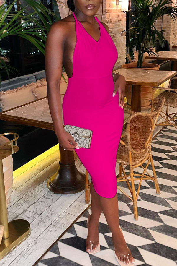 Rose Red Sexy Solid Patchwork Backless Halter One Step Skirt Dresses