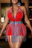 Red Fashion Sexy Patchwork Hot Drilling Tassel Backless V Neck Sleeveless Two Pieces