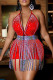 Red Fashion Sexy Patchwork Hot Drilling Tassel Backless V Neck Sleeveless Two Pieces
