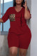 Burgundy Fashion Casual Print Basic V Neck Short Sleeve Two Pieces