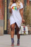 White Fashion Casual Lips Printed Patchwork O Neck Short Sleeve Dress Dresses