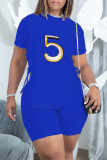 Blue Casual Print Bandage Asymmetrical O Neck Short Sleeve Two Pieces