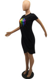 White Fashion Casual Lips Printed Patchwork O Neck Short Sleeve Dress Dresses