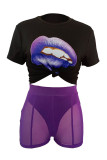 Black Sexy Print Patchwork See-through O Neck Short Sleeve Two Pieces