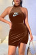 Coffee Fashion Sexy Print Backless Halter One Step Skirt Dresses