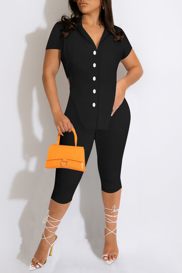 Black Fashion Casual Solid Asymmetrical Turndown Collar Short Sleeve Two Pieces
