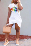 White Fashion Casual Lips Printed Patchwork O Neck Short Sleeve Dress Dresses