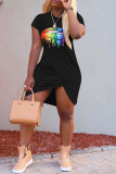 White Fashion Casual Lips Printed Patchwork O Neck Short Sleeve Dress Dresses