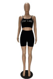 Black Sexy Casual Letter Print Basic Spaghetti Strap Sleeveless Two Pieces