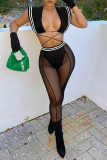 Black Sexy Street Solid Bandage Patchwork See-through Sleeveless Two Pieces