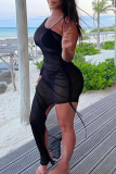 Black Sexy Solid Mesh One Shoulder Pencil Skirt Dresses