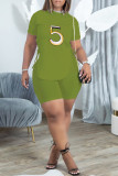 Blue Casual Print Bandage Asymmetrical O Neck Short Sleeve Two Pieces