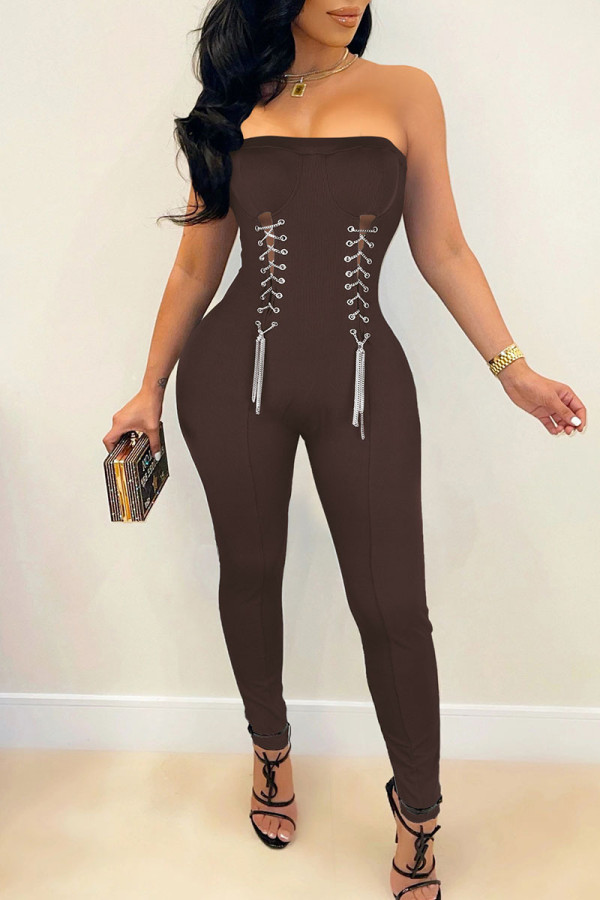 Brown Sexy Solid Patchwork Chains Strapless Regular Jumpsuits
