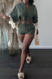 Gray Green Sexy Solid Tassel Patchwork Buckle Asymmetrical V Neck Half Sleeve Two Pieces