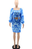 Blue Casual Print Split Joint Draw String Nine Points Sleeve Two Pieces