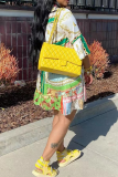 Colour Fashion Print Patchwork V Neck Cake Skirt Dresses