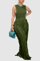 Dark Green Fashion Casual Solid Tassel Split Joint O Neck Sleeveless Two Pieces