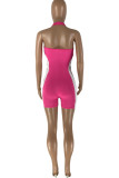 Pink Fashion Casual Solid Patchwork Backless Halter Skinny Romper