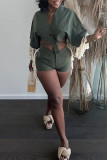 Gray Green Sexy Solid Tassel Patchwork Buckle Asymmetrical V Neck Half Sleeve Two Pieces
