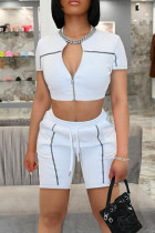 White Casual Solid Split Joint Zipper Short Sleeve Two Pieces
