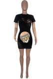 Camel Fashion Print Ripped O Neck Pencil Skirt Dresses