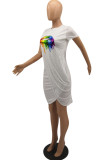 White Fashion Casual Lips Printed Patchwork O Neck Short Sleeve Dress Dresses