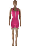 Pink Fashion Casual Solid Patchwork Backless Halter Skinny Romper