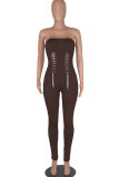 Red Sexy Solid Patchwork Chains Strapless Regular Jumpsuits