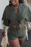 Gray Green Sexy Solid Tassel Patchwork Buckle Asymmetrical V Neck Half Sleeve Two Pieces