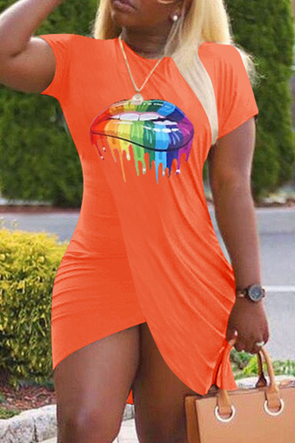 Orange Fashion Casual Lips Printed Patchwork O Neck Short Sleeve Dress Dresses