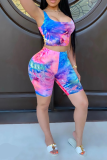 Blue Sexy Print Patchwork Square Collar Sleeveless Two Pieces