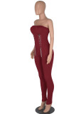 Red Sexy Solid Patchwork Chains Strapless Regular Jumpsuits