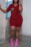 Red Fashion Casual Print Basic V Neck Short Sleeve Two Pieces